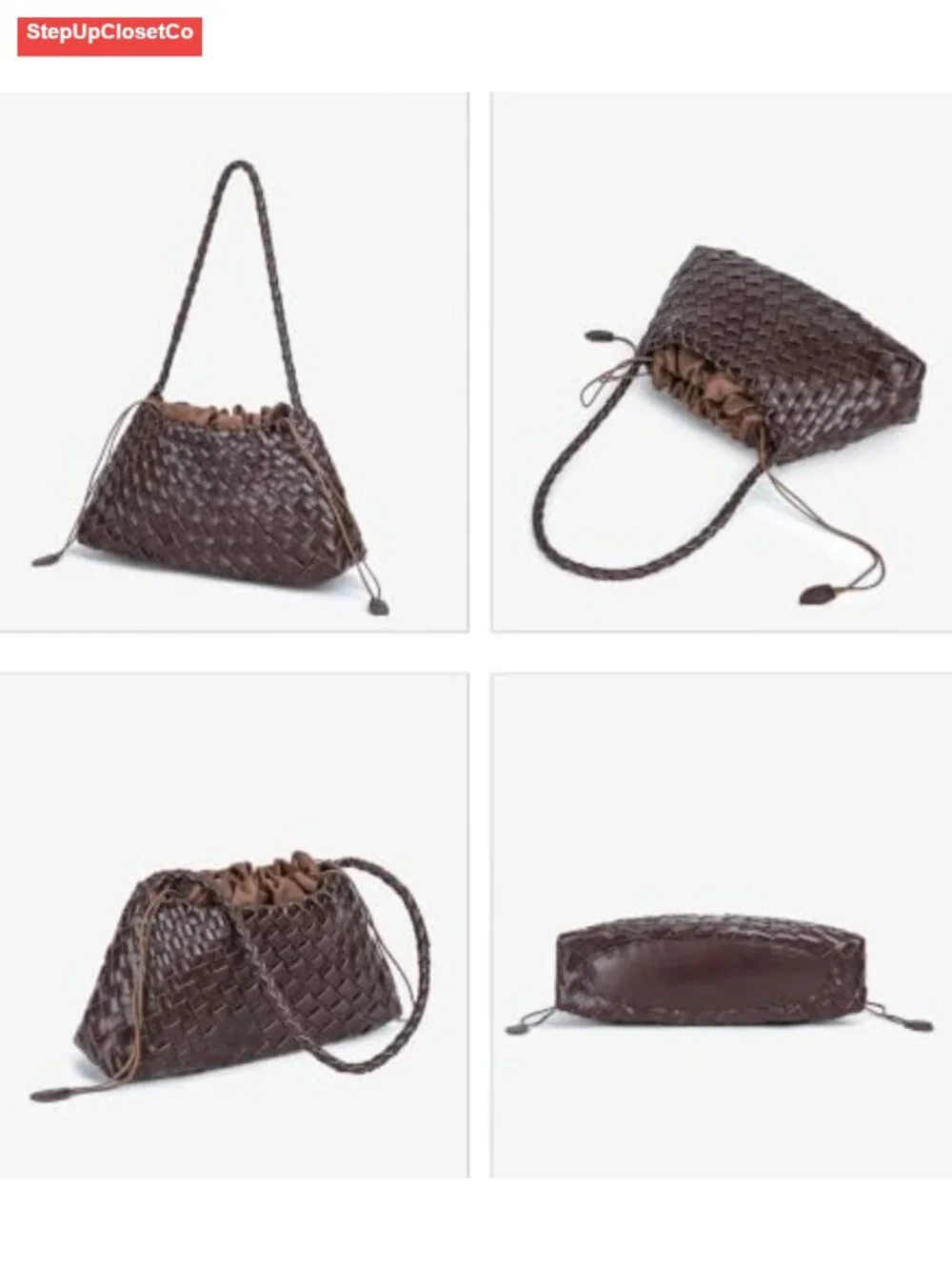 Woven Hobo Bag Women Vegan Leather Shoulder Purse Slouchy Tote Drawstring